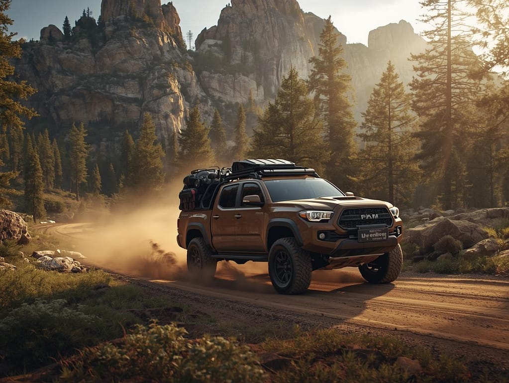 Overlanding showing pickup trucks on remote trails, wilderness camps, and long-distance adventure setups